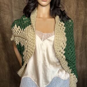 Handmade Crochet Knit Cardigan Shrug Sweater Green Tan Shapeless Knitted Peasant